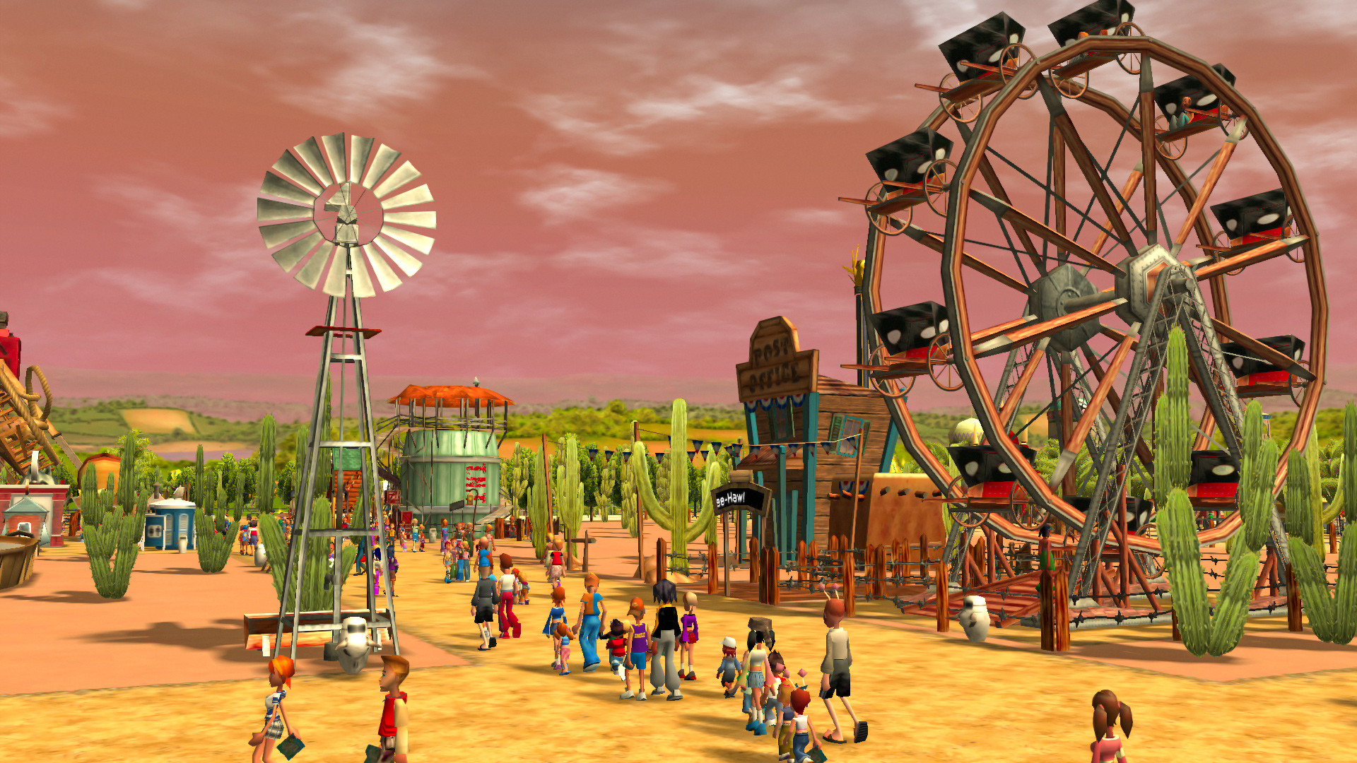 RollerCoaster Tycoon 3: Complete Edition screenshot: stylized 3d, three-quarter, no outlines, soft gradient (environment)