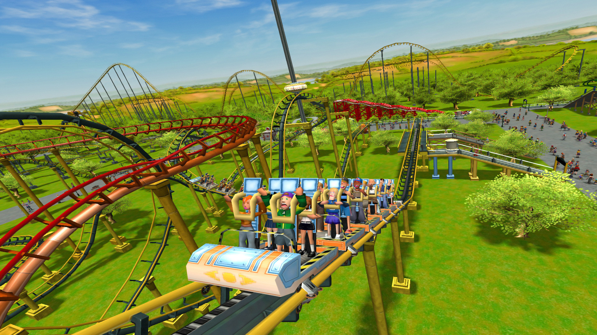 RollerCoaster Tycoon 3: Complete Edition screenshot: stylized 3d, three-quarter, no outlines, soft gradient (environment, character)