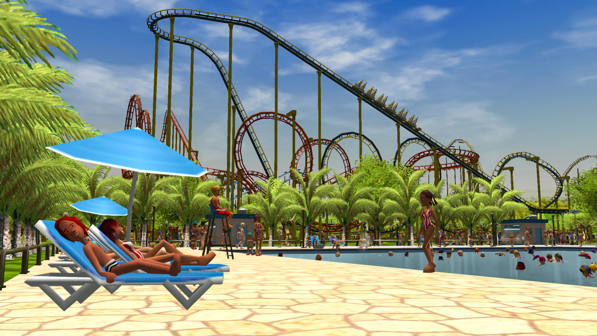 RollerCoaster Tycoon 3: Complete Edition screenshot: stylized 3d, three-quarter, no outlines, soft gradient (environment, character)