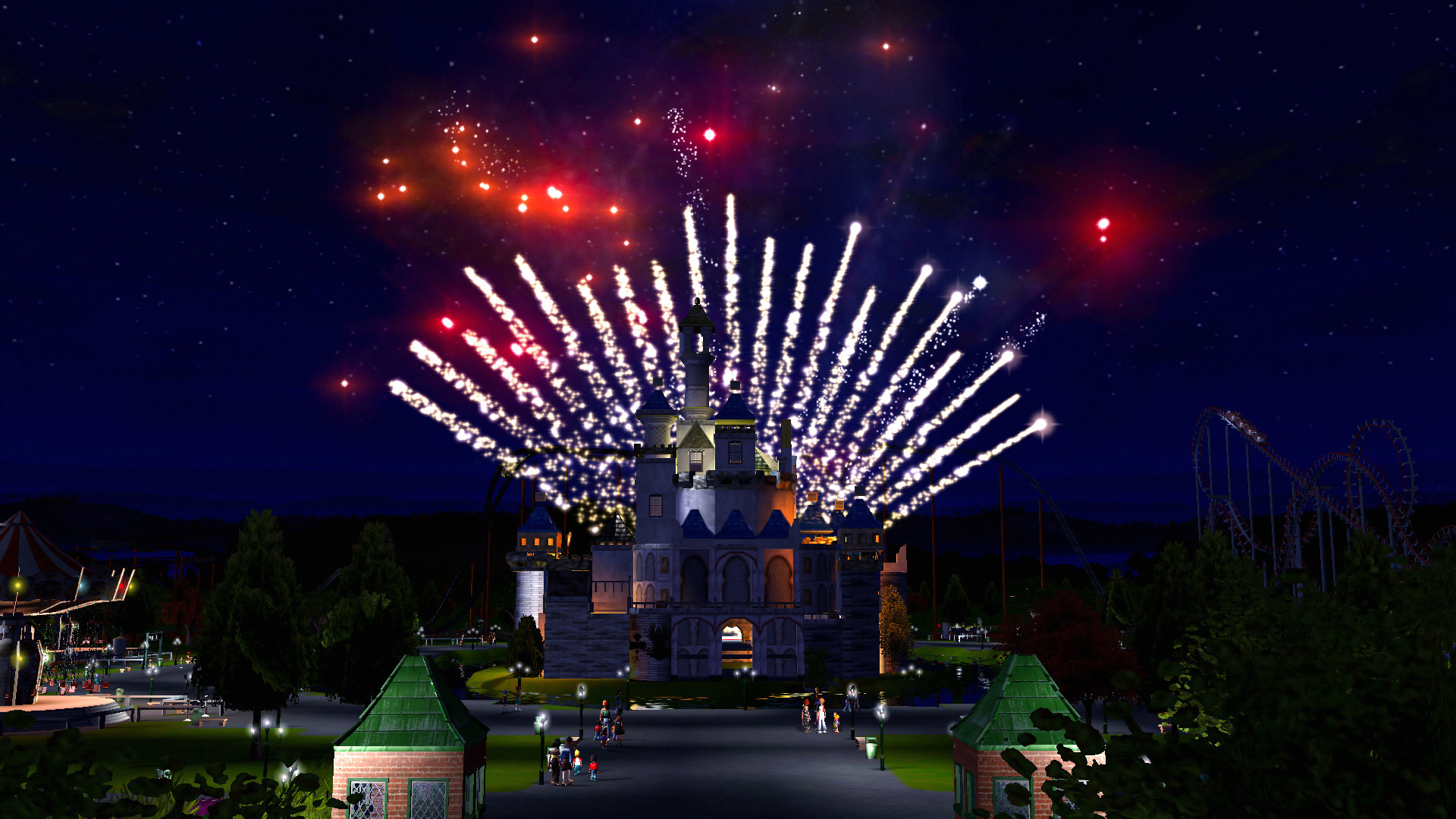 RollerCoaster Tycoon 3: Complete Edition screenshot: stylized 3d, three-quarter, no outlines, soft gradient (environment)