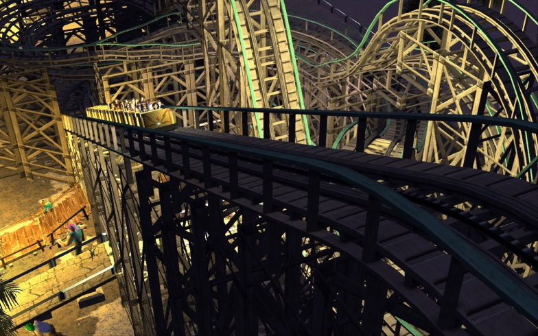 RollerCoaster Tycoon 3 (macOS) screenshot: stylized 3d, three-quarter, first-person, no outlines, soft gradient (environment)