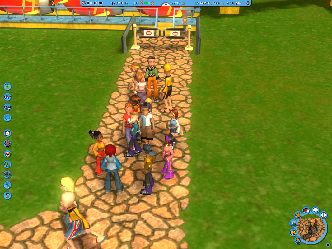 RollerCoaster Tycoon 3 (macOS) screenshot: stylized 3d, three-quarter, first-person, no outlines, soft gradient (environment, character)
