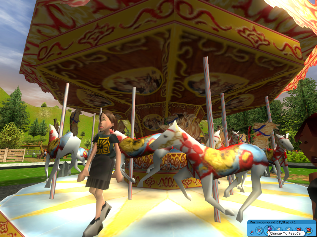 RollerCoaster Tycoon 3 (macOS) screenshot: stylized 3d, three-quarter, first-person, no outlines, soft gradient (environment, character)