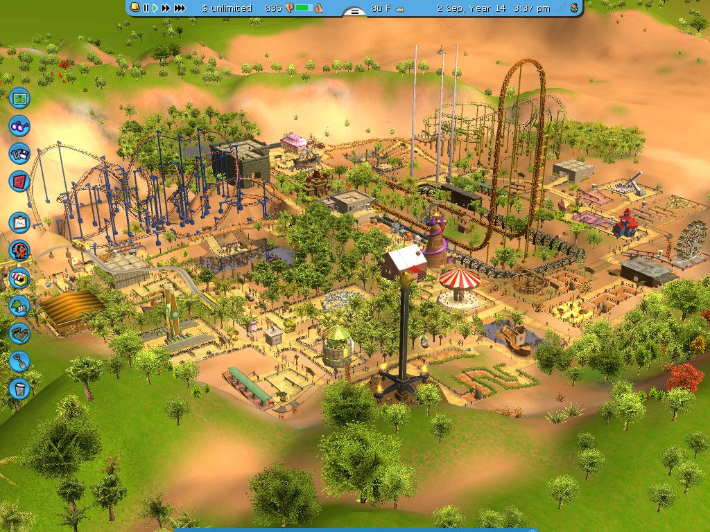 RollerCoaster Tycoon 3 screenshot: stylized 3d, three-quarter, first-person, no outlines, soft gradient (environment)
