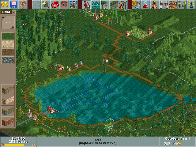 RollerCoaster Tycoon screenshot: pre-rendered, pixel art, isometric, no outlines, baked lighting (environment)
