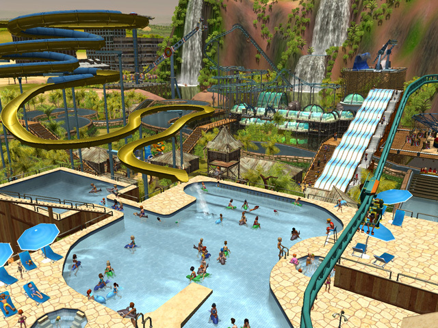 RollerCoaster Tycoon 3: Platinum screenshot: stylized 3d, three-quarter, first-person, no outlines, soft gradient (environment)