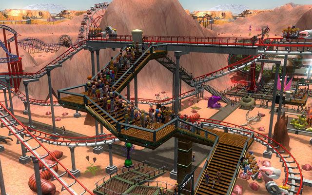 RollerCoaster Tycoon 3: Platinum screenshot: stylized 3d, three-quarter, first-person, no outlines, soft gradient (environment)