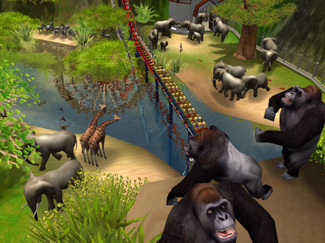 RollerCoaster Tycoon 3: Platinum screenshot: stylized 3d, three-quarter, first-person, no outlines, soft gradient (environment, character)