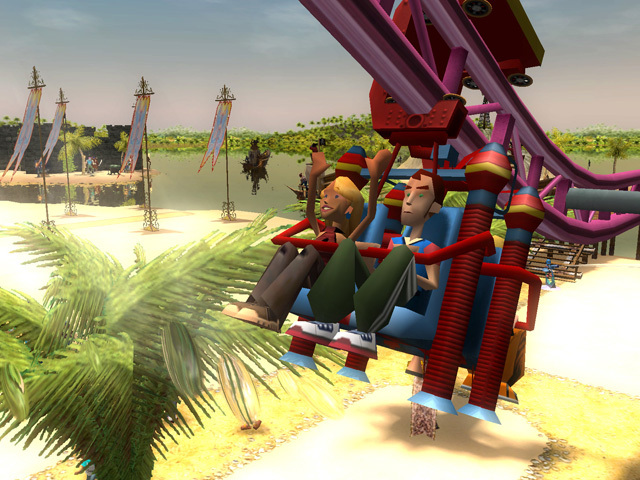 RollerCoaster Tycoon 3: Platinum screenshot: stylized 3d, three-quarter, first-person, no outlines, soft gradient (character, environment)