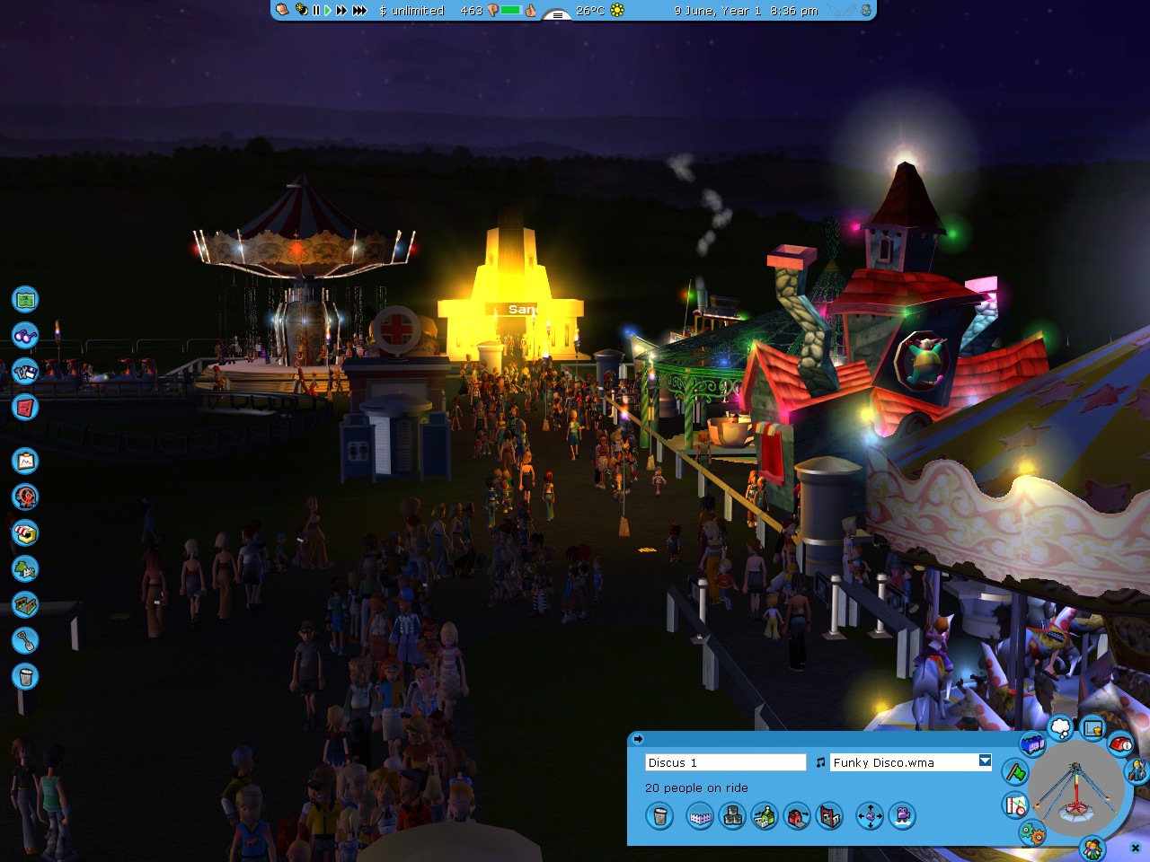 RollerCoaster Tycoon 3: Platinum screenshot: stylized 3d, three-quarter, first-person, no outlines, soft gradient (environment)