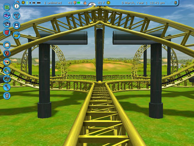 RollerCoaster Tycoon 3: Platinum screenshot: stylized 3d, three-quarter, first-person, no outlines, soft gradient (environment)
