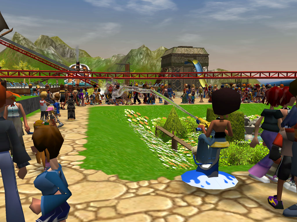 RollerCoaster Tycoon 3: Soaked! screenshot: stylized 3d, three-quarter, first-person, no outlines, soft gradient (environment, character)