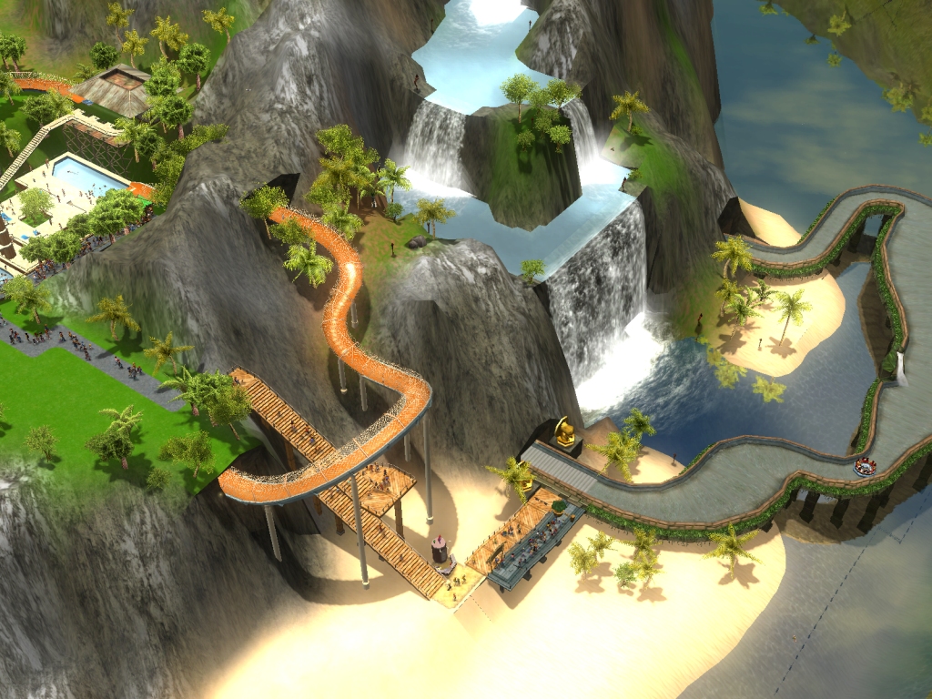 RollerCoaster Tycoon 3: Soaked! screenshot: stylized 3d, three-quarter, first-person, no outlines, soft gradient (environment)