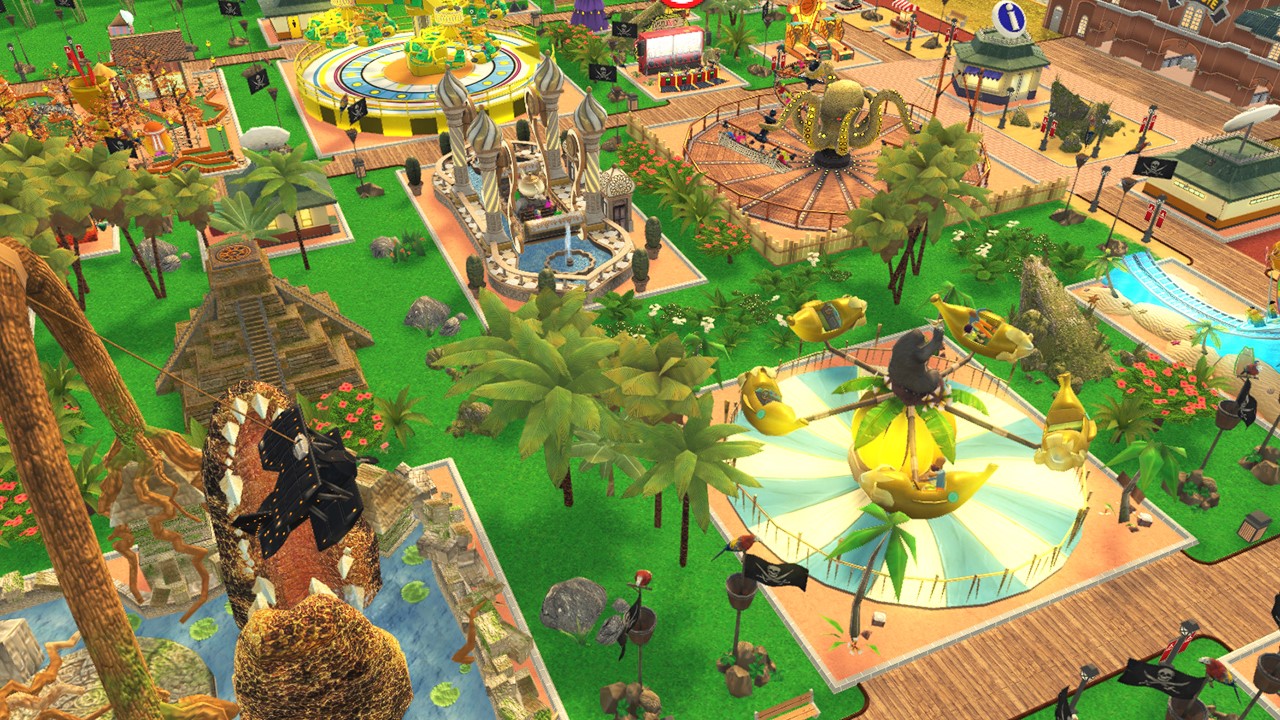 RollerCoaster Tycoon Adventures screenshot: stylized 3d, three-quarter, no outlines, soft gradient (environment)