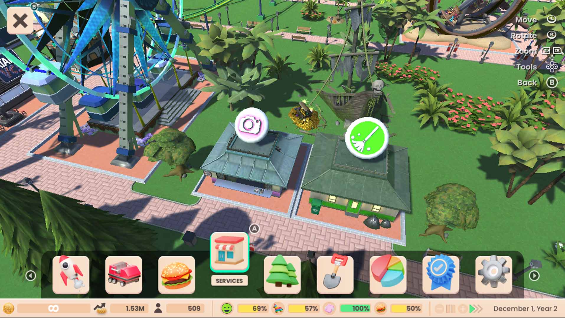 RollerCoaster Tycoon Adventures screenshot: stylized 3d, three-quarter, no outlines, soft gradient (environment)