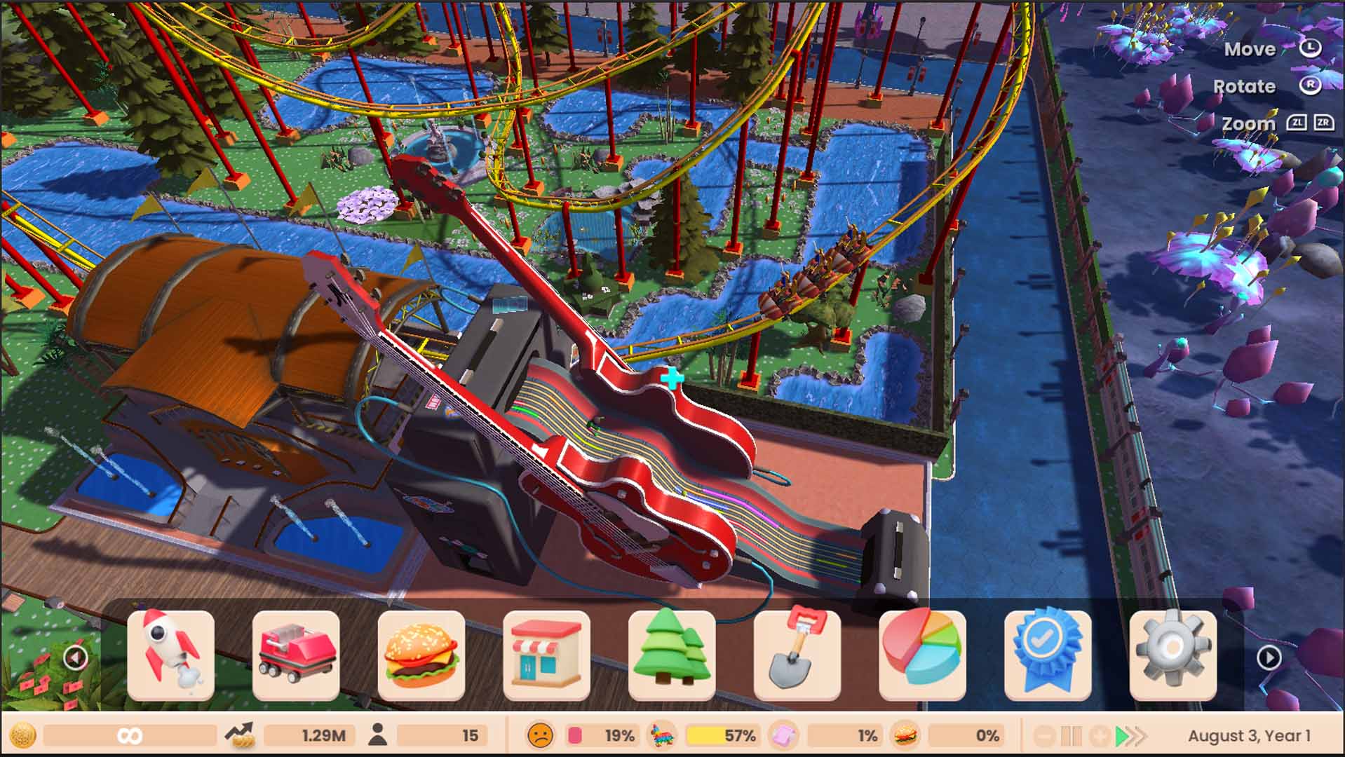 RollerCoaster Tycoon Adventures screenshot: stylized 3d, three-quarter, no outlines, soft gradient (environment)