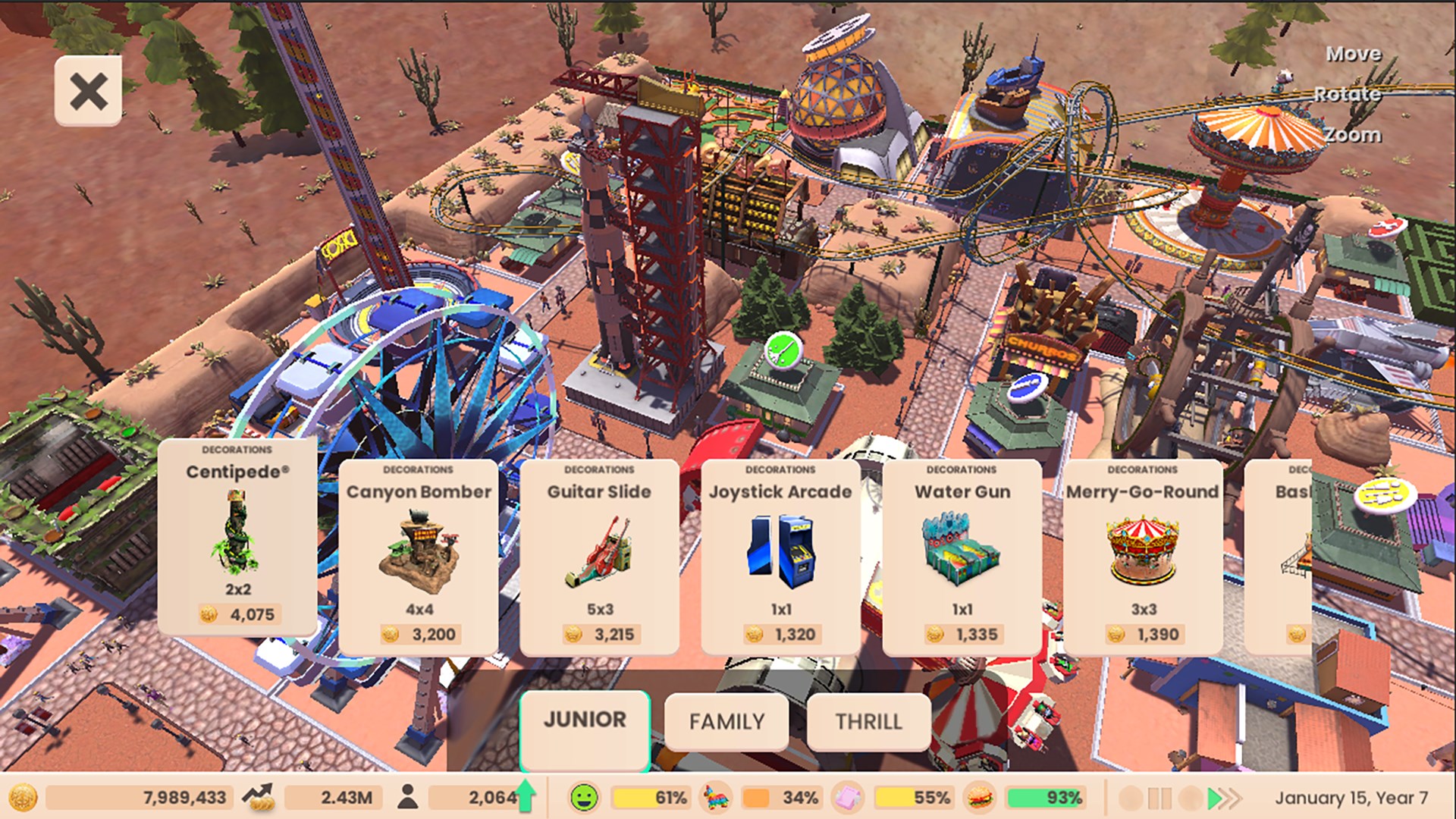 RollerCoaster Tycoon Adventures screenshot: stylized 3d, three-quarter, no outlines, soft gradient (environment, ui / menu)