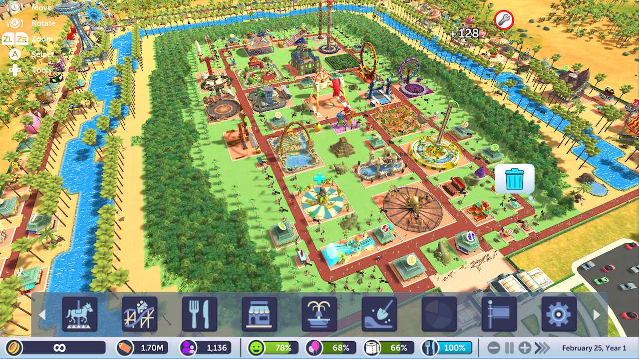 RollerCoaster Tycoon Adventures screenshot: stylized 3d, three-quarter, no outlines, soft gradient (environment)