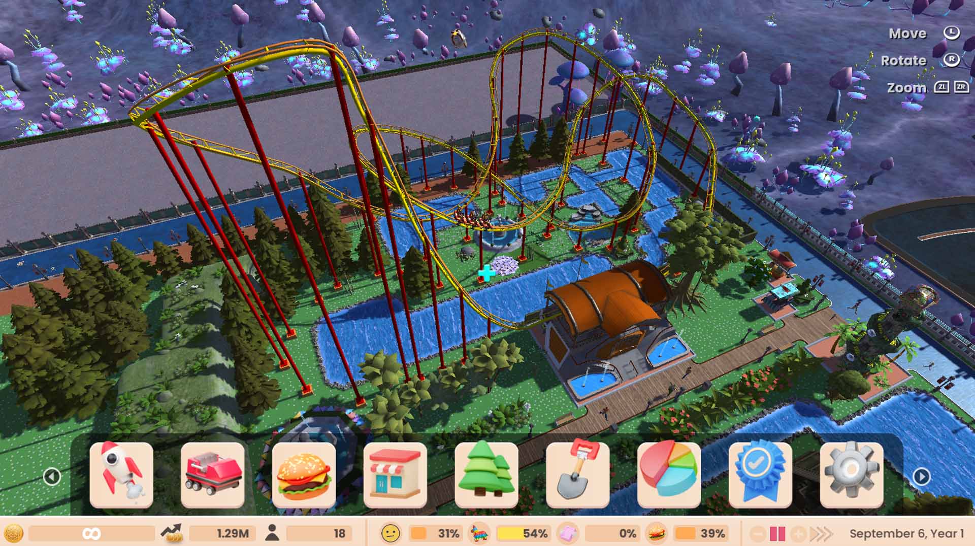 RollerCoaster Tycoon Adventures screenshot: stylized 3d, three-quarter, no outlines, soft gradient (environment)