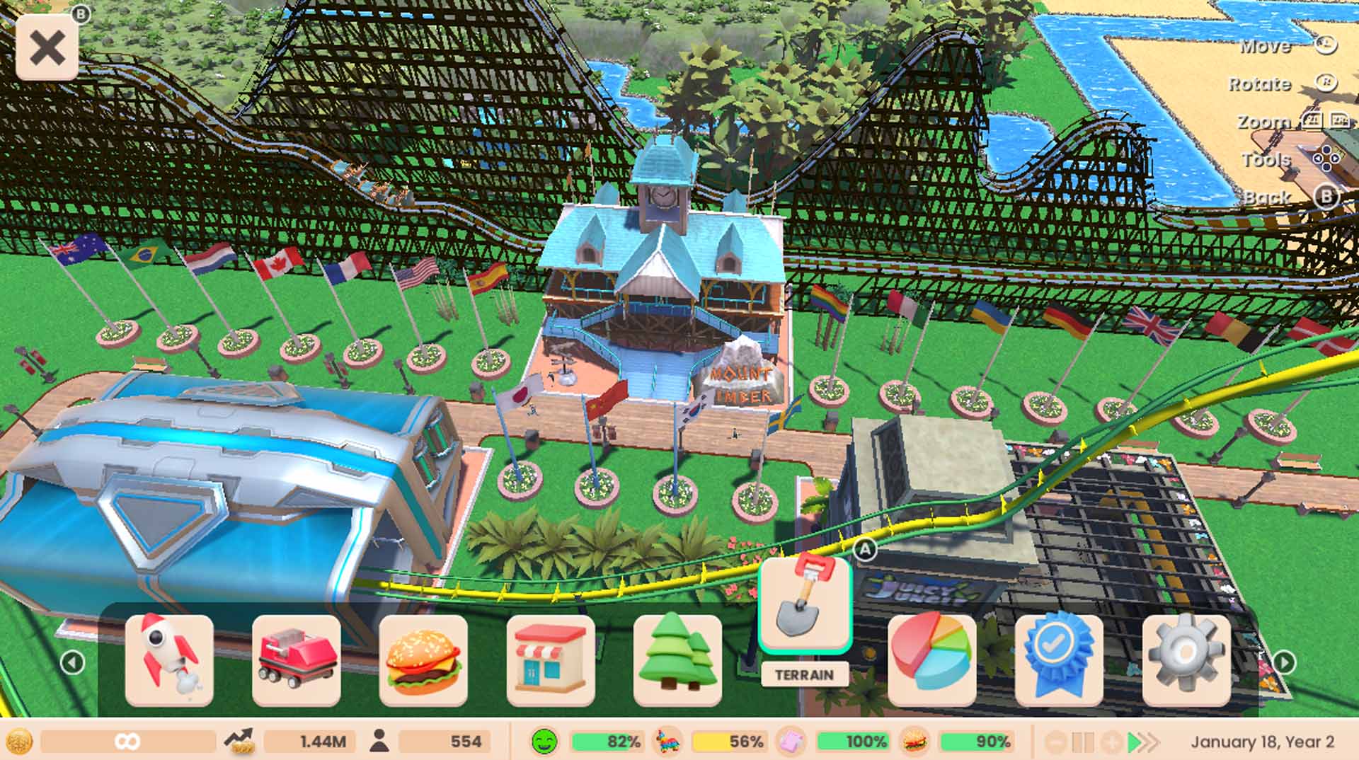 RollerCoaster Tycoon Adventures screenshot: stylized 3d, three-quarter, no outlines, soft gradient (environment)