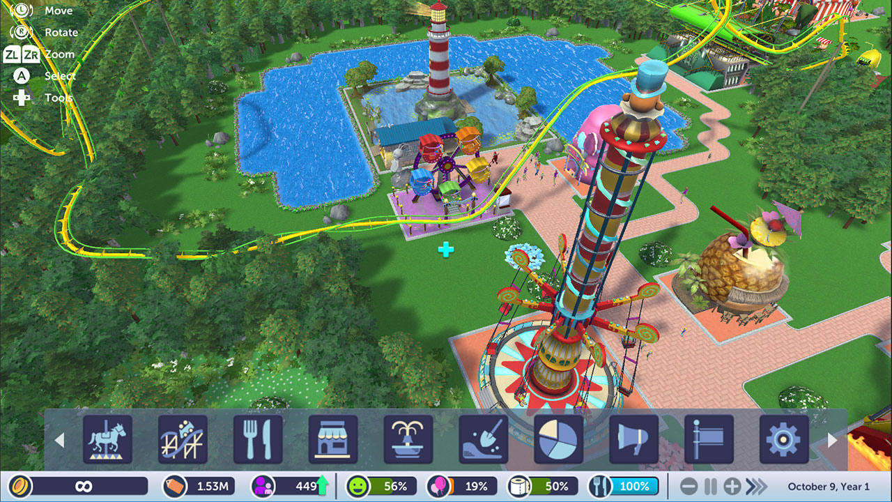RollerCoaster Tycoon Adventures screenshot: stylized 3d, three-quarter, no outlines, soft gradient (environment)