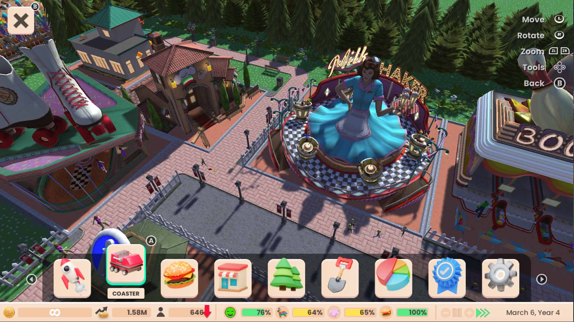 RollerCoaster Tycoon Adventures screenshot: stylized 3d, three-quarter, no outlines, soft gradient (environment)