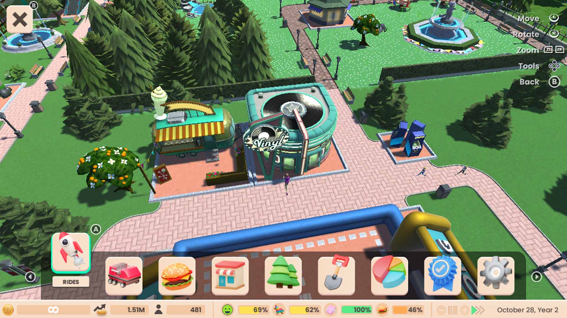 RollerCoaster Tycoon Adventures screenshot: stylized 3d, three-quarter, no outlines, soft gradient (environment)