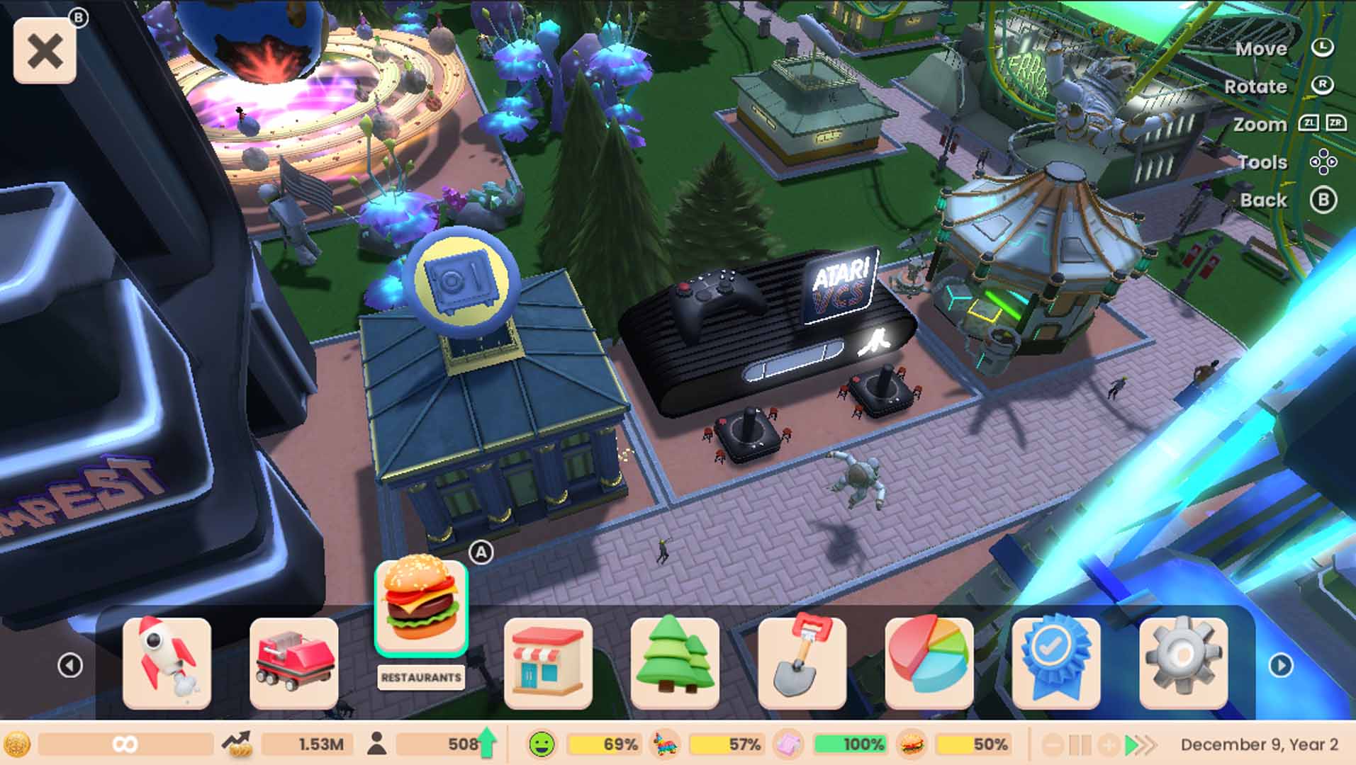 RollerCoaster Tycoon Adventures screenshot: stylized 3d, three-quarter, no outlines, soft gradient (environment)