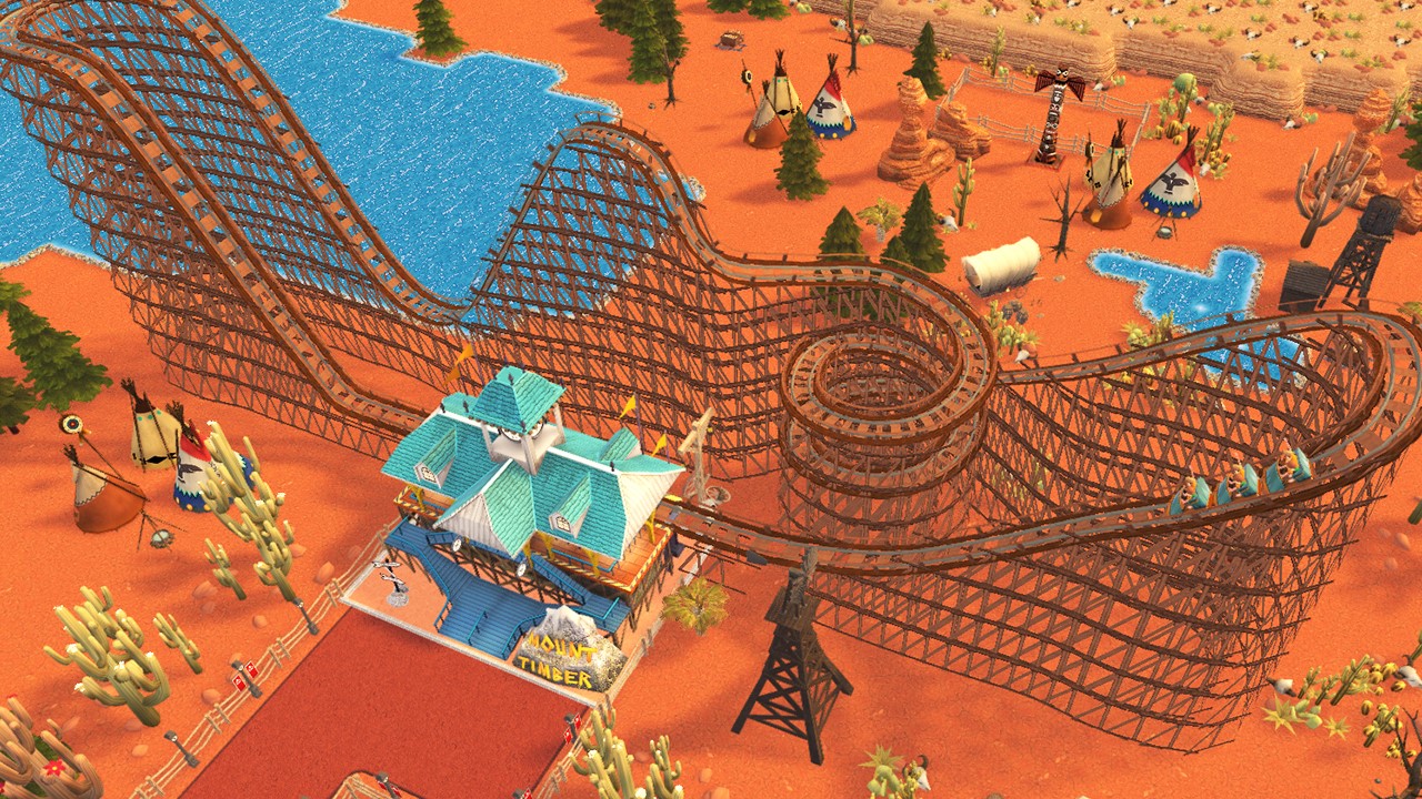 RollerCoaster Tycoon Adventures screenshot: stylized 3d, three-quarter, no outlines, soft gradient (environment)