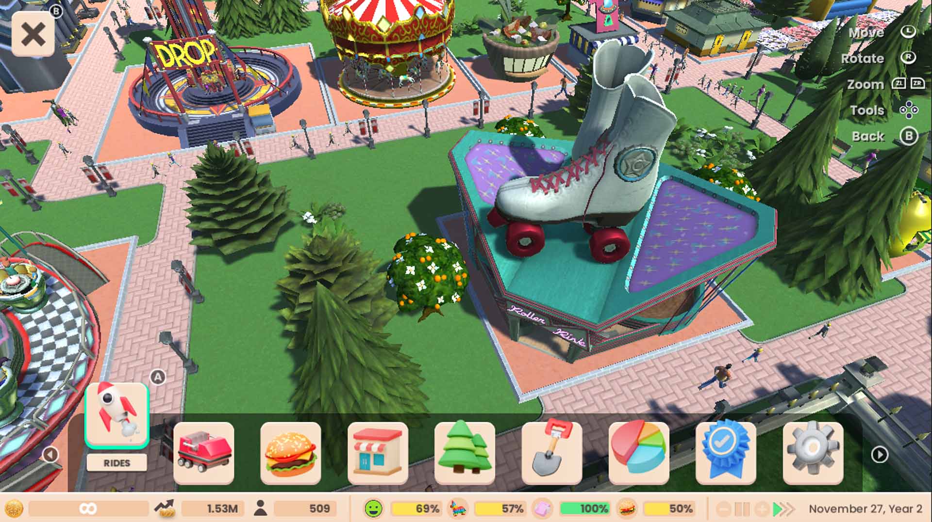 RollerCoaster Tycoon Adventures screenshot: stylized 3d, three-quarter, no outlines, soft gradient (environment)