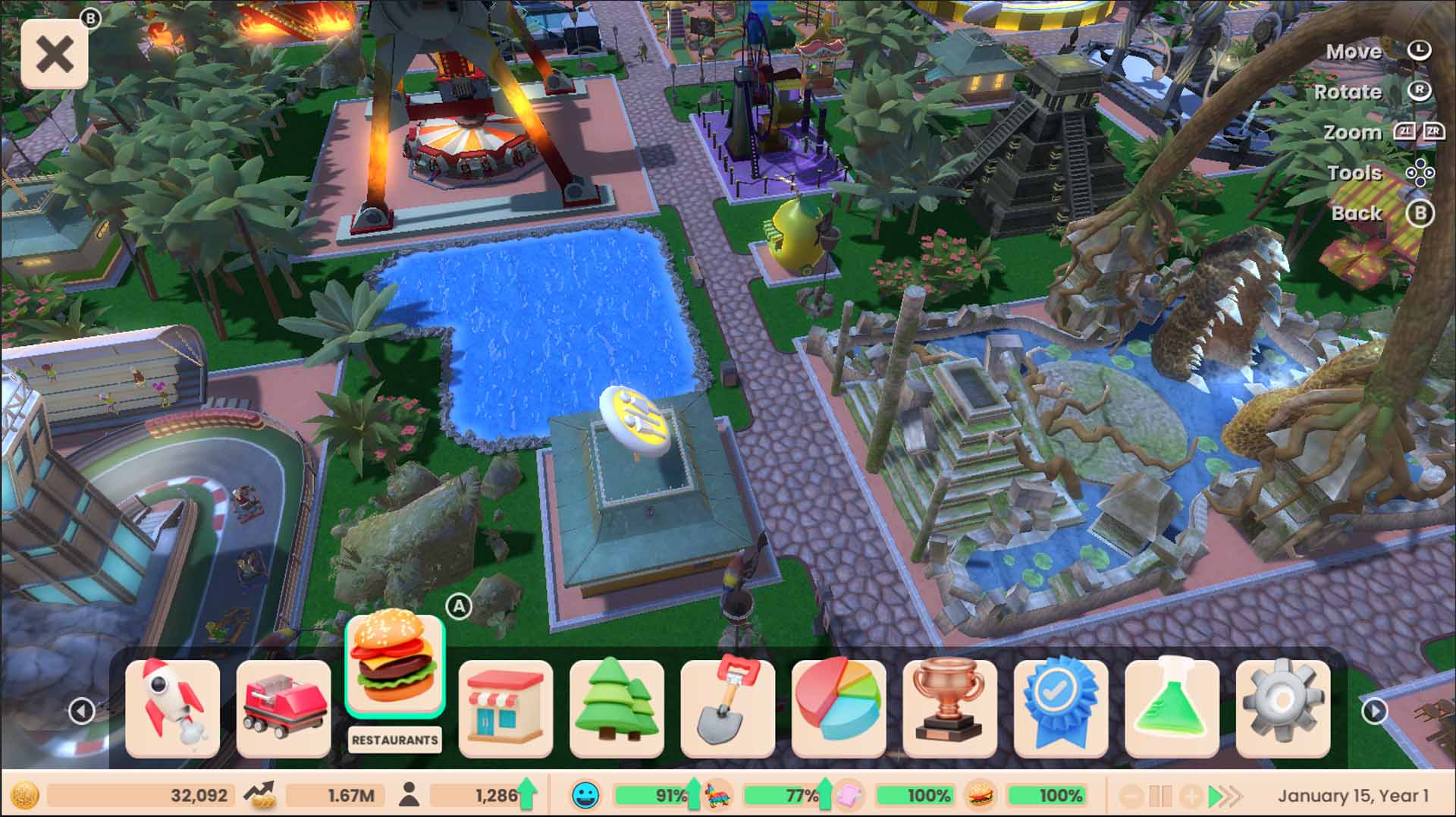 RollerCoaster Tycoon Adventures screenshot: stylized 3d, three-quarter, no outlines, soft gradient (environment)