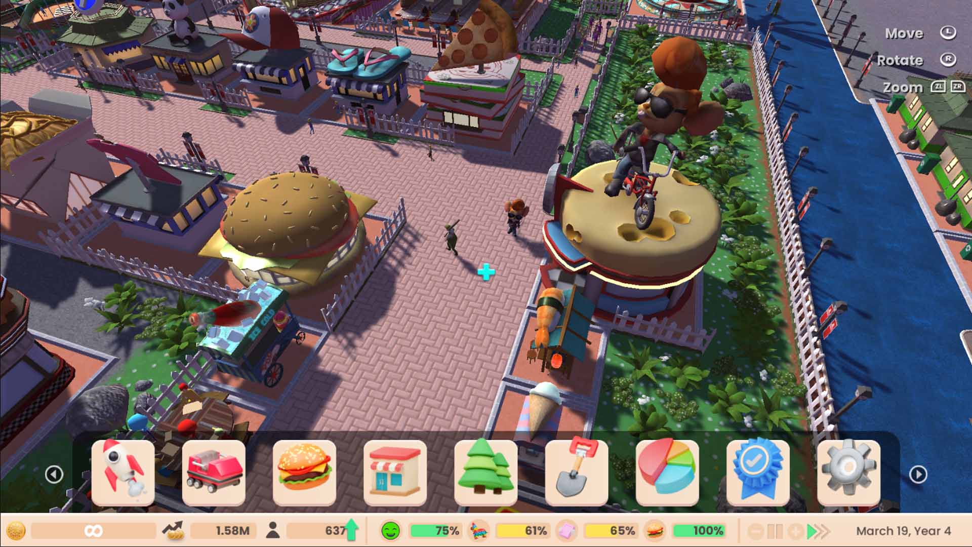 RollerCoaster Tycoon Adventures screenshot: stylized 3d, three-quarter, no outlines, soft gradient (environment)