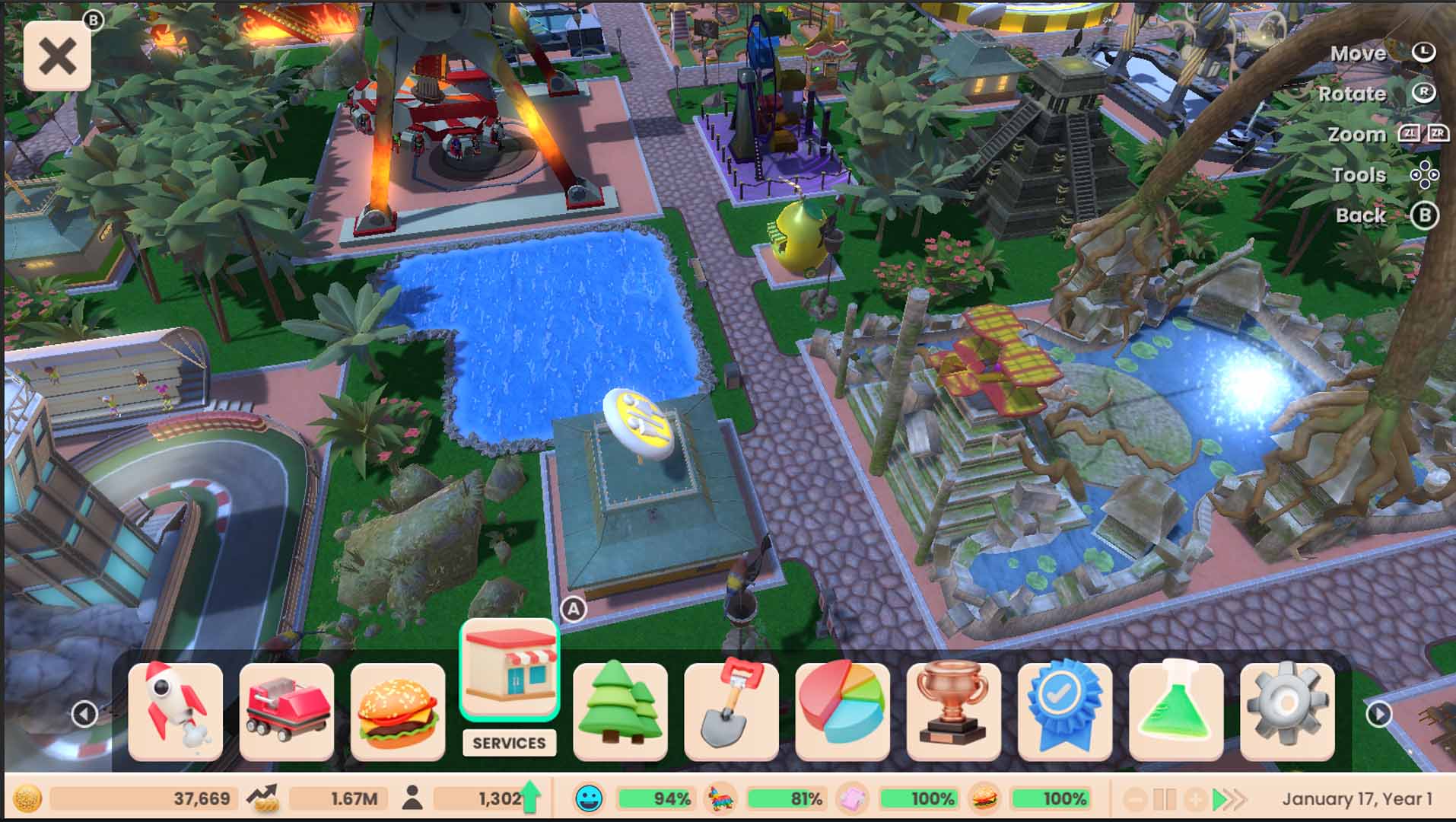 RollerCoaster Tycoon Adventures screenshot: stylized 3d, three-quarter, no outlines, soft gradient (environment)