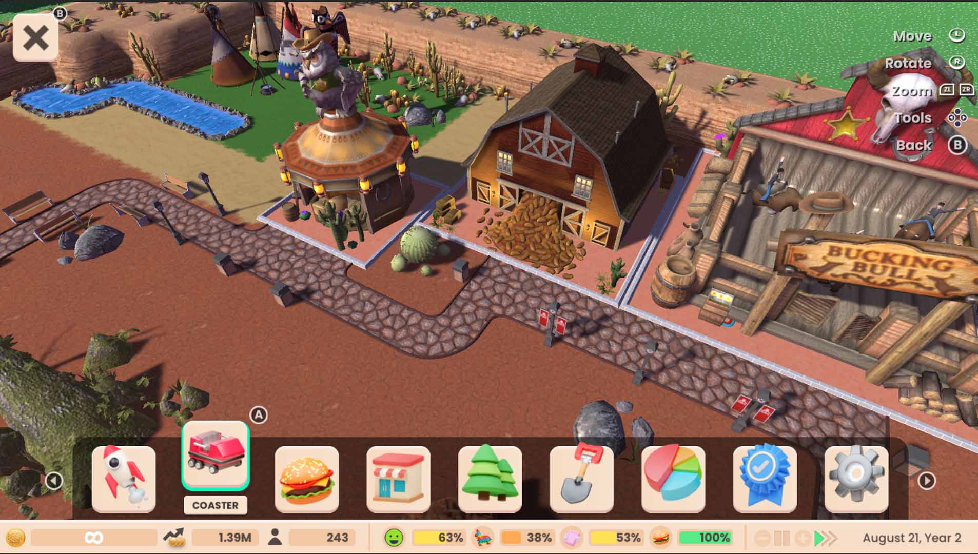 RollerCoaster Tycoon Adventures screenshot: stylized 3d, three-quarter, no outlines, soft gradient (environment)