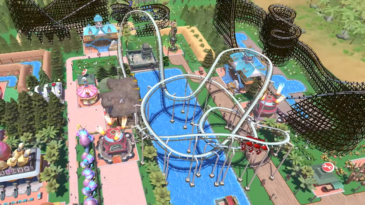 RollerCoaster Tycoon Adventures screenshot: stylized 3d, three-quarter, no outlines, soft gradient (environment)