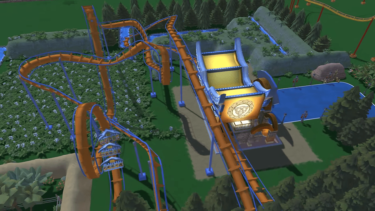 RollerCoaster Tycoon Adventures screenshot: stylized 3d, three-quarter, no outlines, soft gradient (environment)