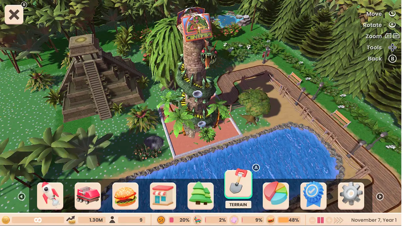 RollerCoaster Tycoon Adventures screenshot: stylized 3d, three-quarter, no outlines, soft gradient (environment)