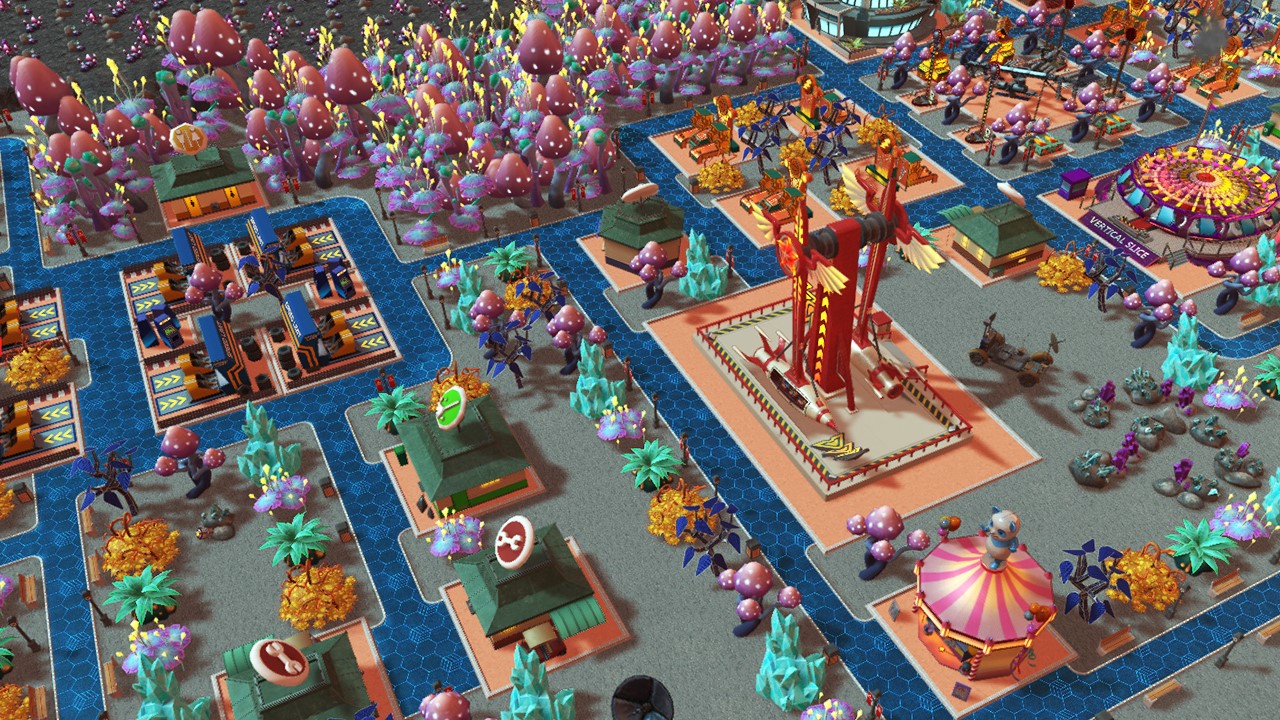 RollerCoaster Tycoon Adventures screenshot: stylized 3d, three-quarter, no outlines, soft gradient (environment)