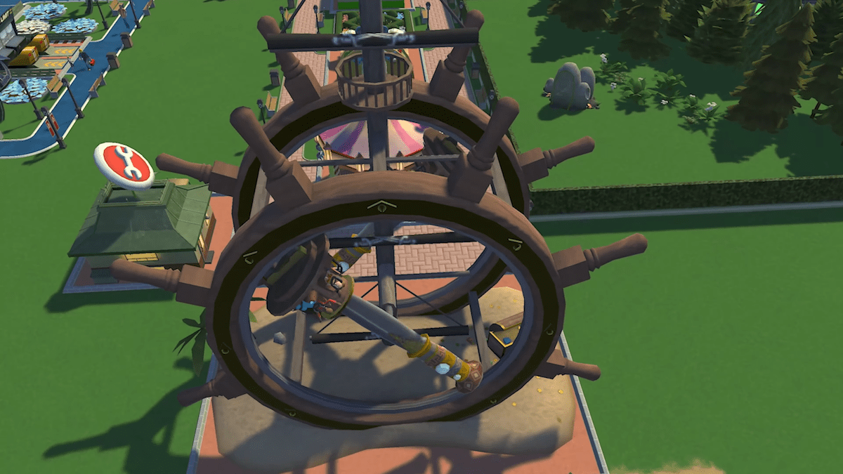 RollerCoaster Tycoon Adventures screenshot: stylized 3d, three-quarter, no outlines, soft gradient (environment)