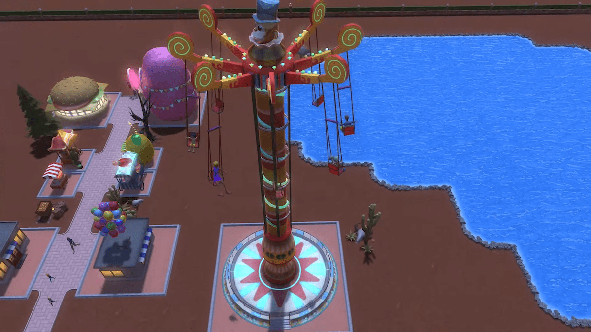 RollerCoaster Tycoon Adventures screenshot: stylized 3d, three-quarter, no outlines, soft gradient (environment)