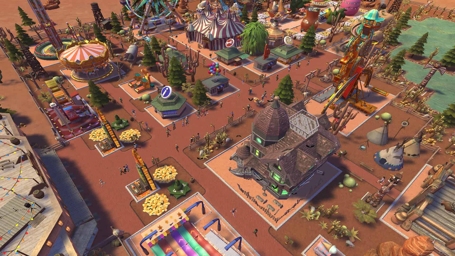 RollerCoaster Tycoon Adventures screenshot: stylized 3d, three-quarter, no outlines, soft gradient (environment)