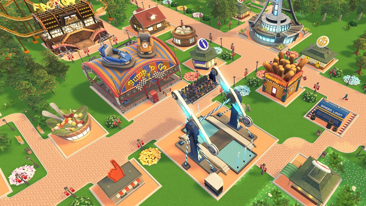 RollerCoaster Tycoon Adventures screenshot: stylized 3d, three-quarter, no outlines, soft gradient (environment)