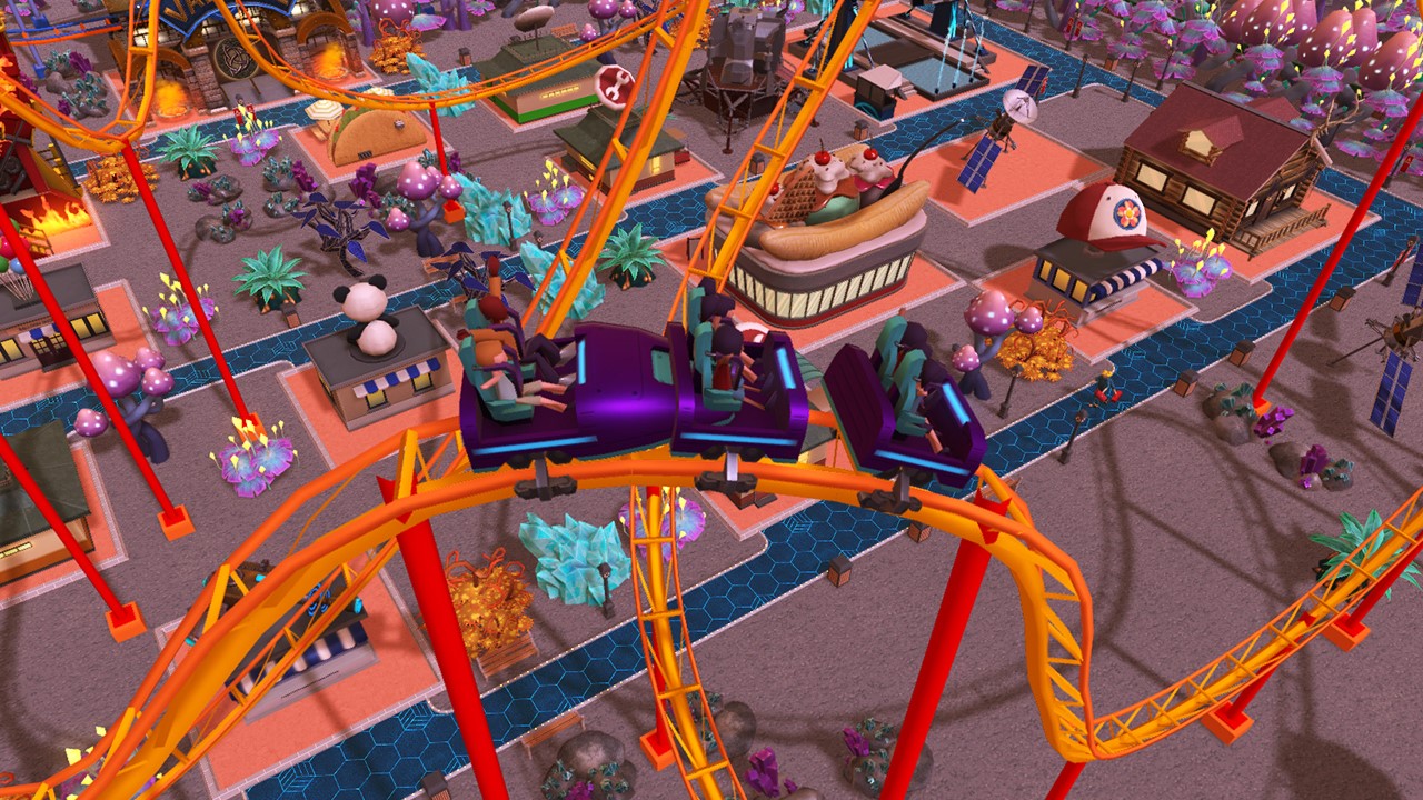 RollerCoaster Tycoon Adventures screenshot: stylized 3d, three-quarter, no outlines, soft gradient (environment)