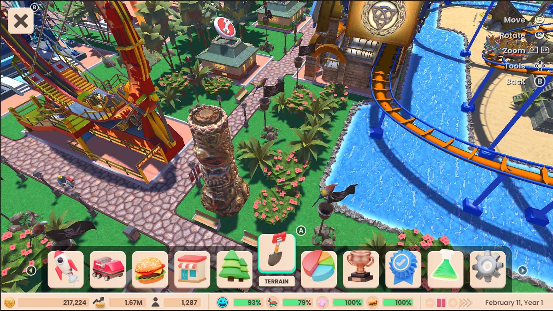 RollerCoaster Tycoon Adventures screenshot: stylized 3d, three-quarter, no outlines, soft gradient (environment)