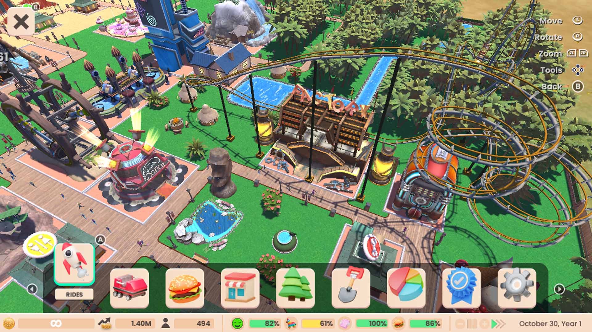 RollerCoaster Tycoon Adventures screenshot: stylized 3d, three-quarter, no outlines, soft gradient (environment)