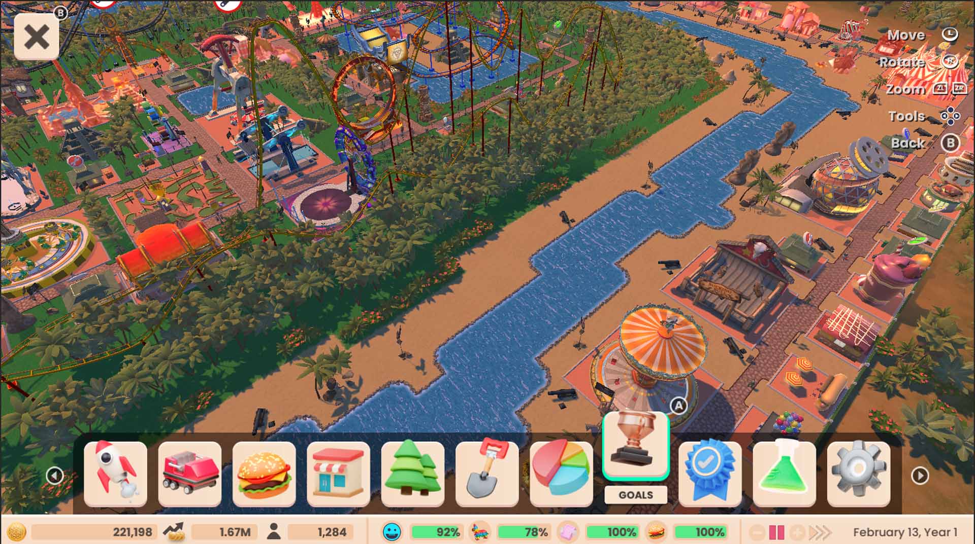 RollerCoaster Tycoon Adventures screenshot: stylized 3d, three-quarter, no outlines, soft gradient (environment)