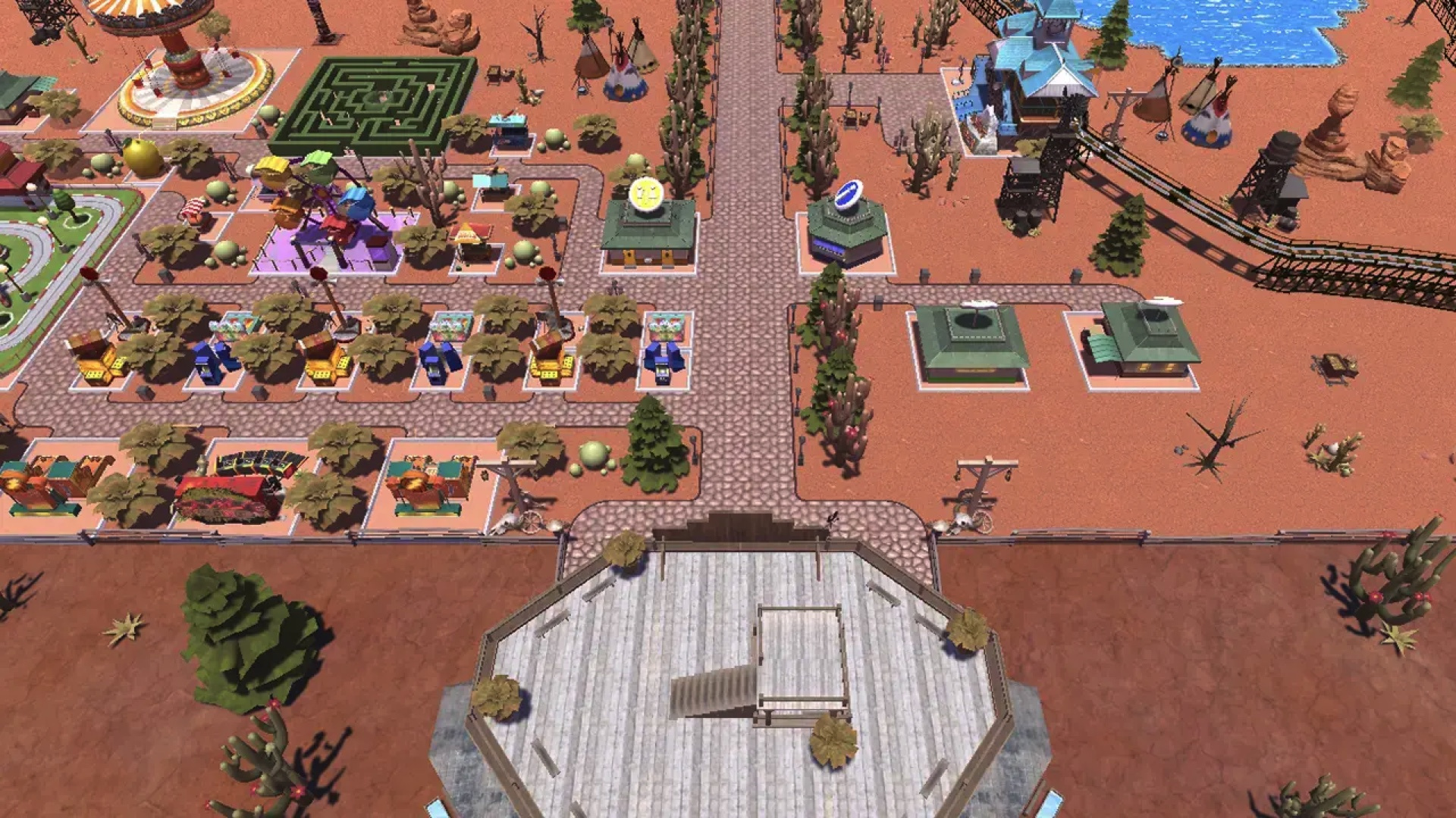 RollerCoaster Tycoon Adventures screenshot: stylized 3d, three-quarter, no outlines, soft gradient (environment)