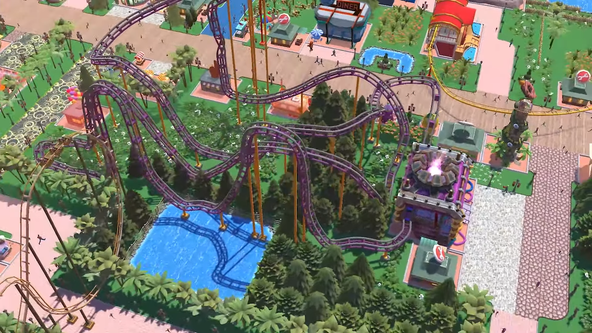 RollerCoaster Tycoon Adventures Deluxe screenshot: stylized 3d, three-quarter, no outlines, soft gradient (environment)