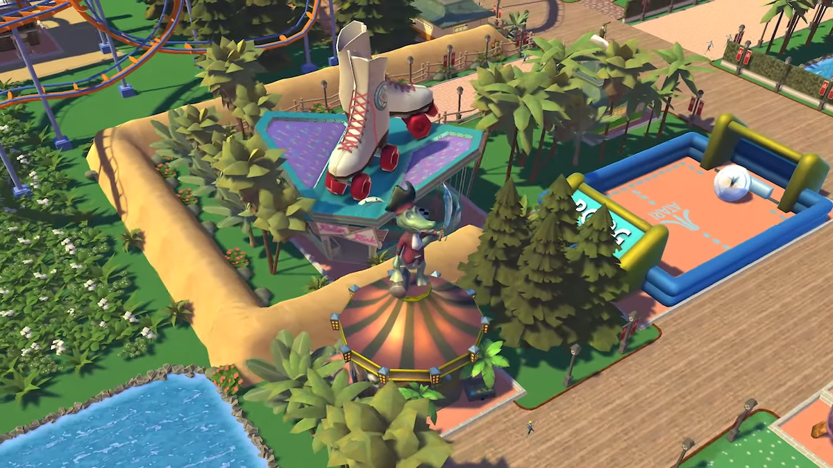 RollerCoaster Tycoon Adventures Deluxe screenshot: stylized 3d, three-quarter, no outlines, soft gradient (environment)
