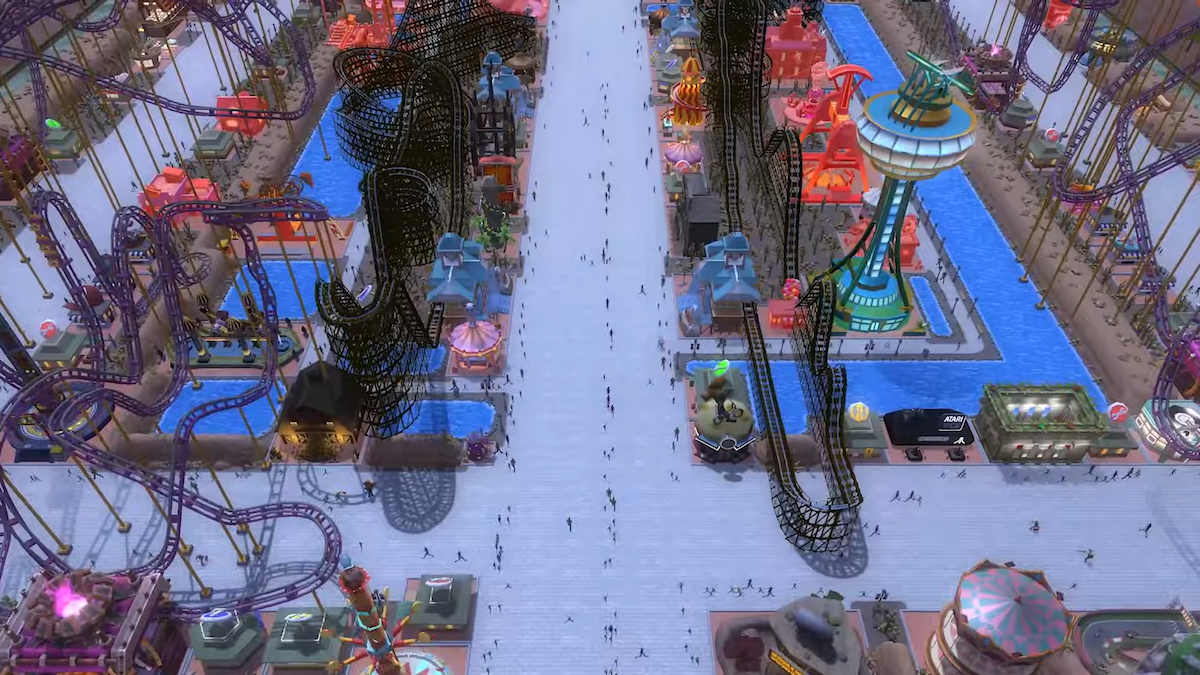 RollerCoaster Tycoon Adventures Deluxe screenshot: stylized 3d, three-quarter, no outlines, soft gradient (environment)